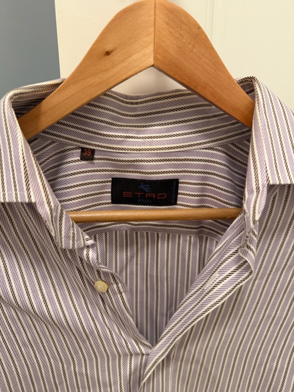 Etro Men's Lavender Brown and White Striped Dress Shirt 39